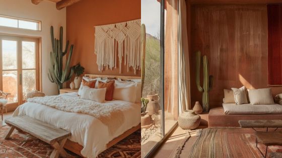 Boho-chic bedroom and living room with cacti, earthy tones, and natural decor for a serene, cozy vibe.