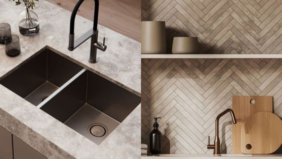 Modern kitchen sink with marble countertop and herringbone backsplash features stylish accessories and sleek design.