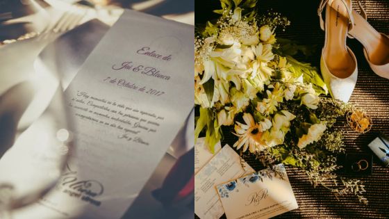 Elegant wedding invitations with floral bouquet and bridal shoes create a romantic scene.