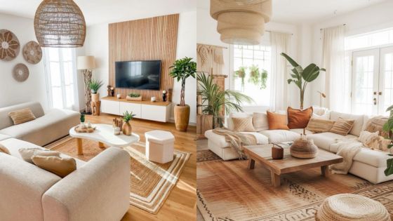 Contemporary boho living room with neutral sofas, wooden accents, and indoor plants. Cozy, natural light setting.