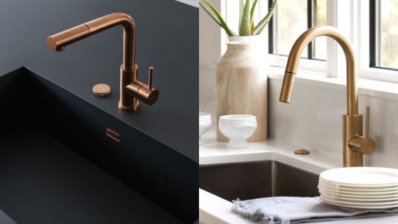 Copper kitchen faucets, modern design, enhance black and white kitchen aesthetics.