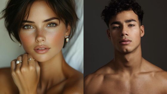 Close-up portraits of a woman with jewelry and a man with curly hair, both looking directly at the camera.