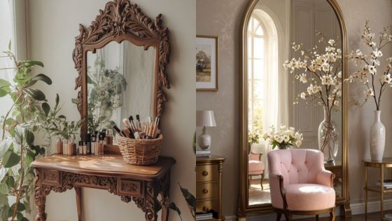 Elegant vintage vanity and cozy chair in bright, classic room with ornate mirror, flowers, and natural light.