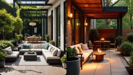 Modern outdoor patio with comfortable seating, dining area, greenery, and ambient lighting, perfect for relaxation.