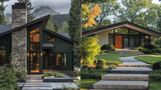 Modern mountain home exterior with glass, stone, and lush surroundings, showcasing architectural design elements.