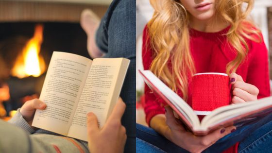 Cozy reading by the fireplace with a red mug and book in hand, perfect for a relaxing evening at home.