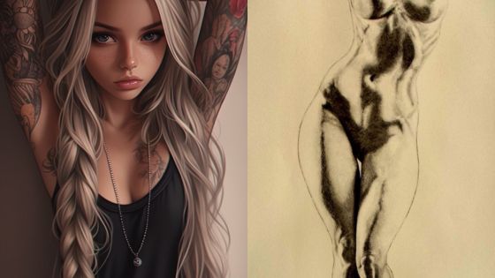 Digital art of a tattooed woman with long hair alongside a charcoal figure drawing.