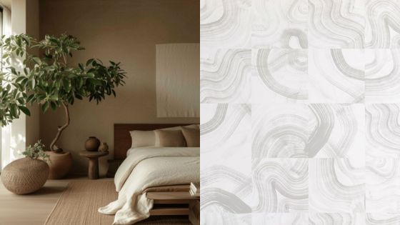 Modern minimalist bedroom with potted plant, neutral tones, and abstract wall art. Cozy and serene interior design.