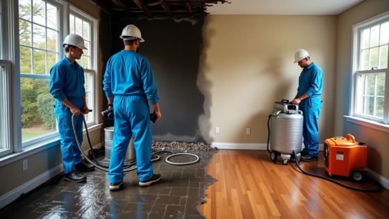 Workers restoring water-damaged room with equipment, wearing blue uniforms and helmets. Transition from cleanup to repair.