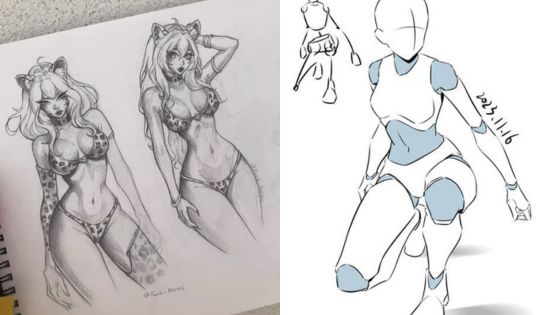 Sketches of two women in swimwear on the left and a stylized posed figure on the right, dated 2023-11-16.