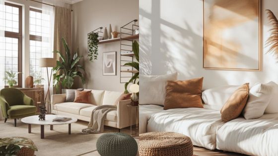 Modern living room with neutral tones, plants, and cozy decor featuring natural light and stylish furniture.