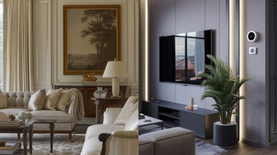 Classic vs modern living room design with elegant decor elements and minimalist TV setup.