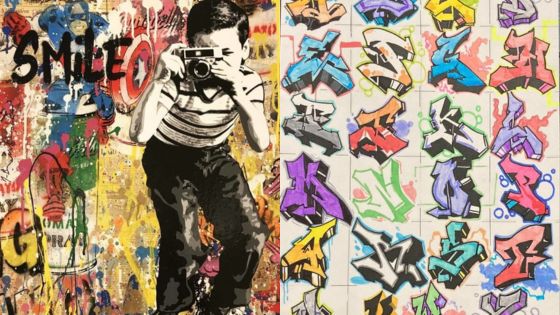 Street art collage: boy with camera, vibrant graffiti letters, colorful urban expression and creativity in mixed media.