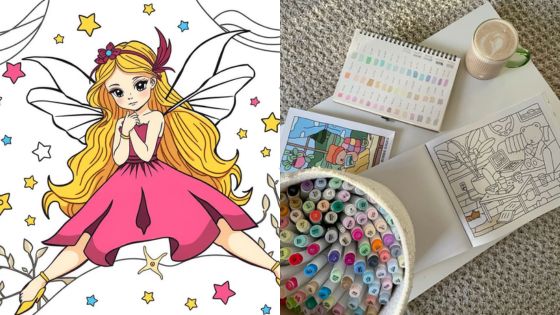 Illustrated fairy in pink dress and coloring materials on table with markers, sketchbook, and coffee cup.