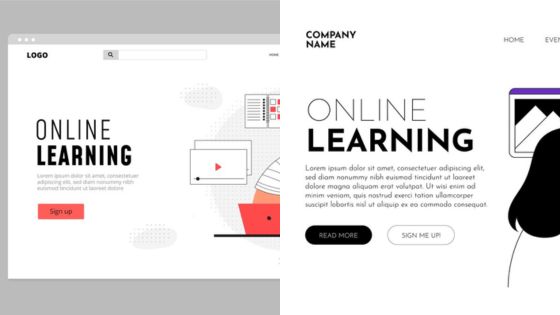 Online learning webpage designs featuring sign-up buttons and educational graphics.