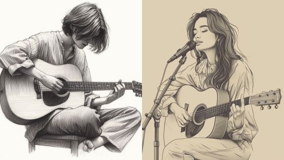 Illustrated musicians playing acoustic guitars, one seated, the other singing into a microphone.