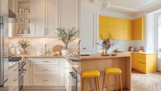 Modern kitchen interiors with white and yellow cabinets, elegant lighting, and potted plants for a fresh look.