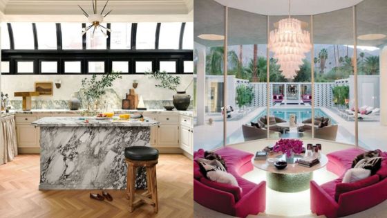 Luxury kitchen with marble island, and a stylish living room featuring pink seating and a view of a pool and garden.