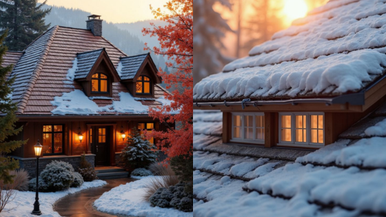 Cozy cottage with snow-covered roof at sunset, warm lights glowing inside, surrounded by autumn and winter scenery.