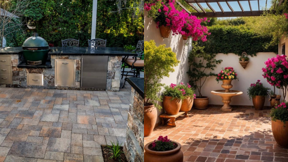 Modern outdoor kitchen and vibrant patio garden with colorful flowers and elegant stone landscaping.