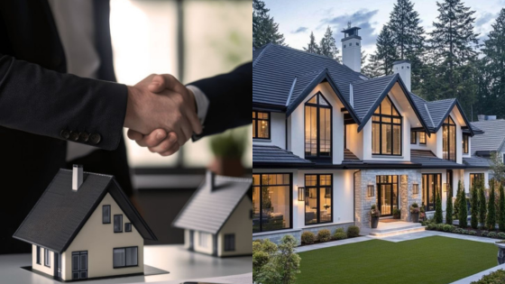 Handshaking over a real estate model next to a luxury home, symbolizing successful property deal or transaction.