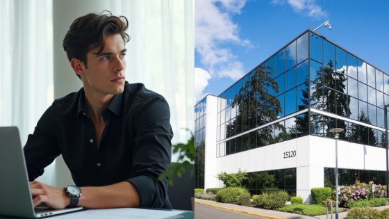 Man working on laptop next to modern glass office building under a clear blue sky.