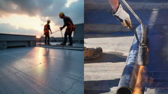 Workers installing waterproof roofing membrane at sunrise. Close-up of applying heat for secure adhesion.