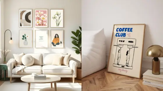 Modern living room with artistic wall gallery and cozy decor, alongside framed Coffee Club artwork on wooden floor.