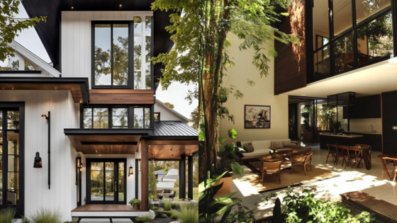 Modern house with large windows and a lush garden interior, blending nature with contemporary architecture.