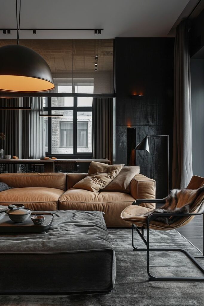 Modern living room with leather sofa, black decor, and large windows. Cozy and contemporary interior design.