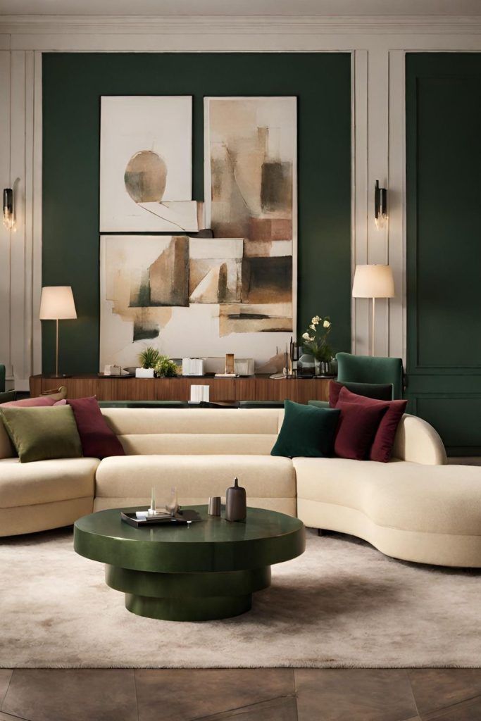 Modern living room with cream sofa, green coffee table, abstract paintings, and stylish decor elements.