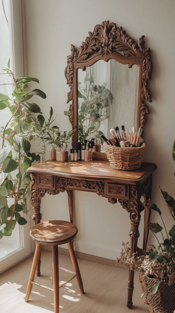 Vintage wooden vanity table with ornate mirror, stool, makeup items, and plants in natural light.