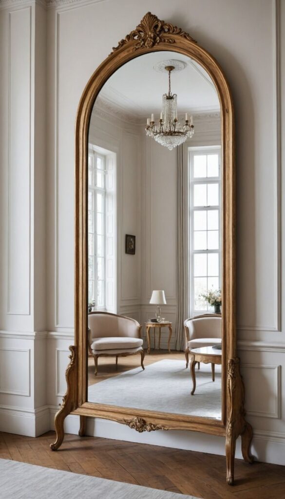 Elegant vintage mirror reflecting a sophisticated room with a chandelier and classic furniture.