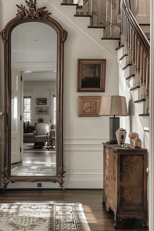 Elegant hallway with vintage mirror, wooden cabinet, and framed art. Bright, inviting home interior decor.