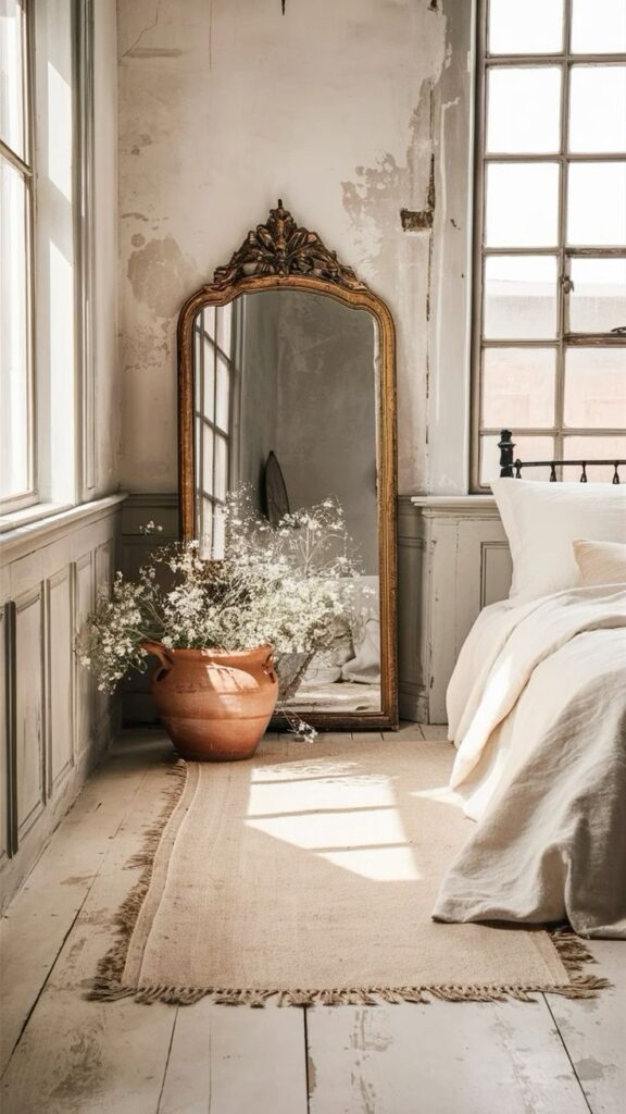 Vintage bedroom with ornate mirror, large vase of flowers, and rustic decor, featuring soft natural light.