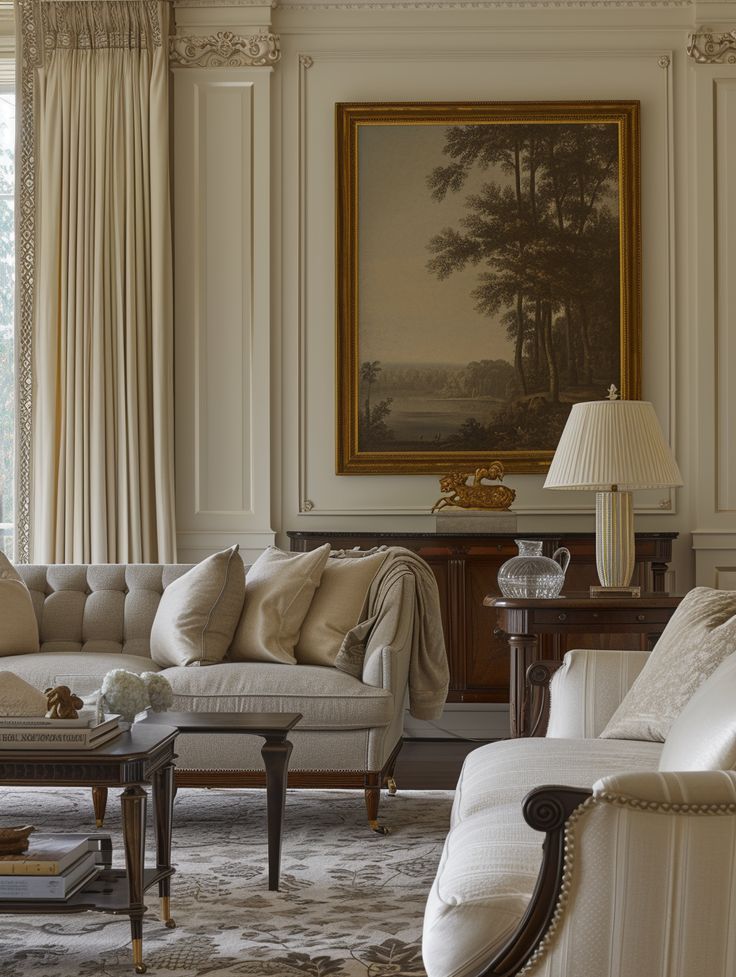 Elegant living room with classic decor, featuring a tufted sofa, ornate painting, and antique-style furniture.