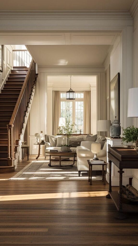 Elegant living room with natural light, cozy sofas, wooden staircase, and modern decor.