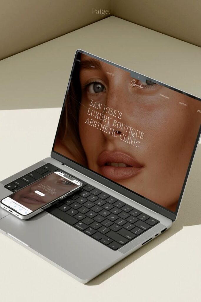 Laptop and smartphone displaying a luxury aesthetic clinic website with a woman's portrait.