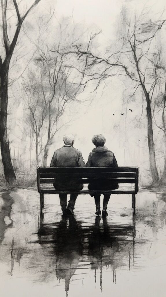 Elderly couple sitting on a bench in a misty park, surrounded by bare trees in a grayscale sketch.