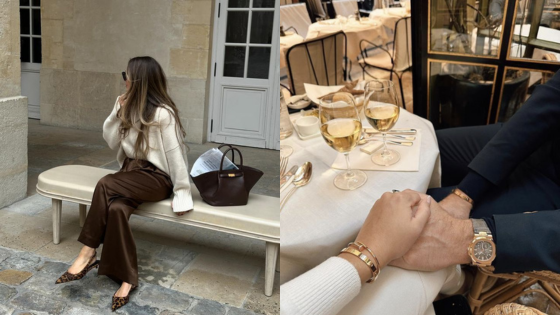 Stylish woman sitting on bench, holding phone; elegant couple holding hands at restaurant with wine.