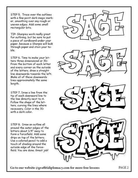 Graffiti style drawing tutorial for SAGE in 3D letters with step-by-step instructions and tips.