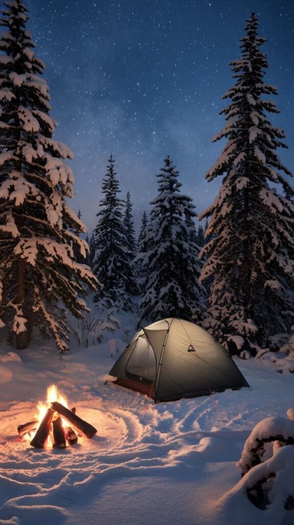 Winter camping under starry sky with tent and campfire in snowy forest.