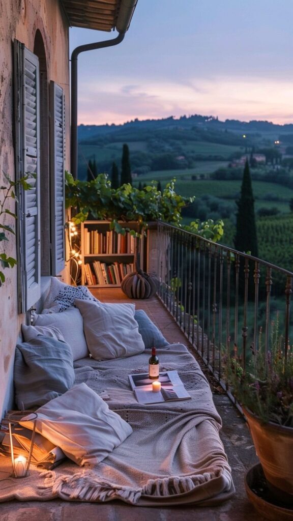 Cozy balcony with cushions, books, and candles overlooking a serene countryside landscape at dusk.