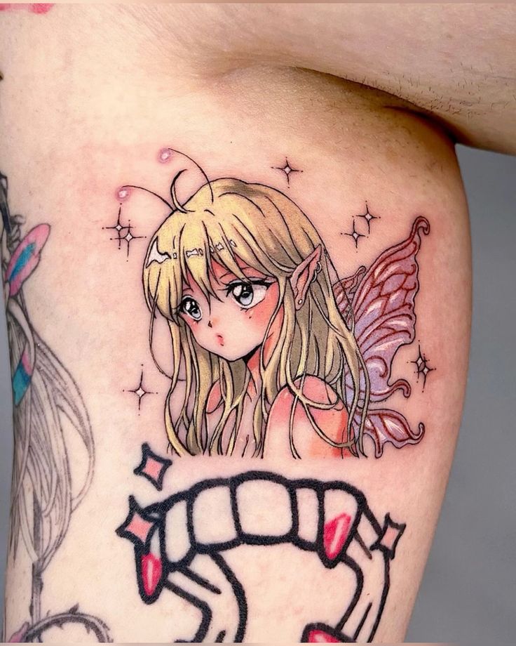 Colorful anime-style tattoo of a fairy with long hair and wings, adorned with sparkling stars.