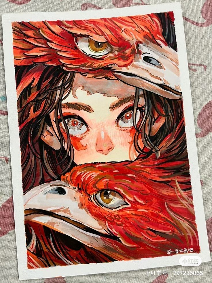 Artwork of a person with red bird motifs, featuring detailed feathers and expressive eyes. Vibrant and captivating illustration.