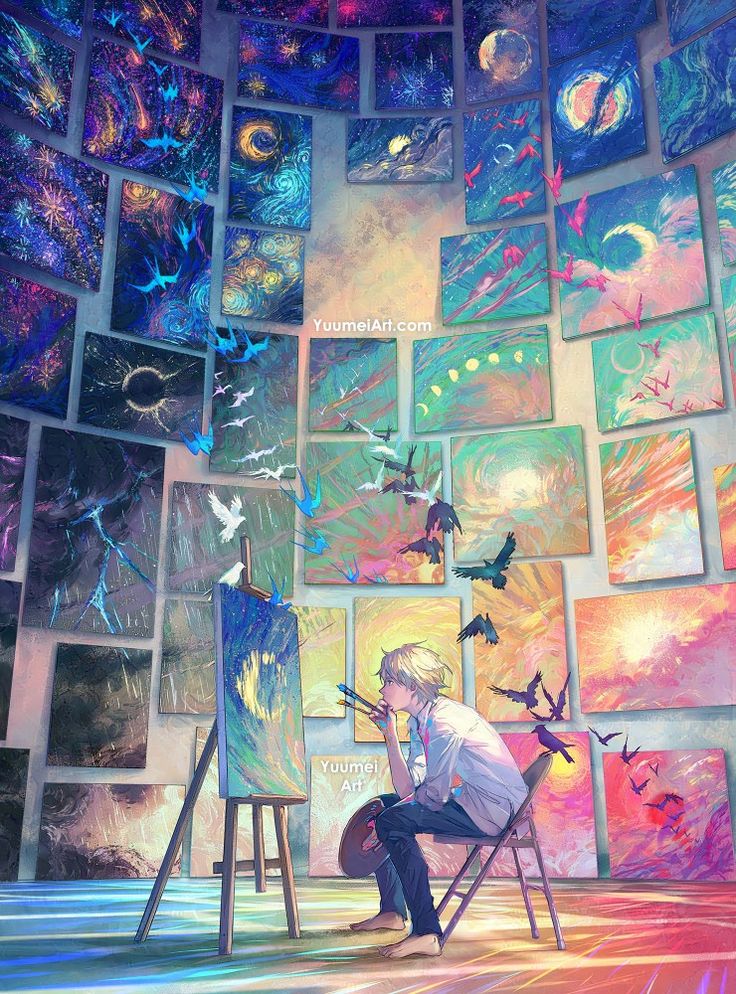 Artist painting in vibrant studio surrounded by colorful abstract artworks and flying birds, deep in thought.