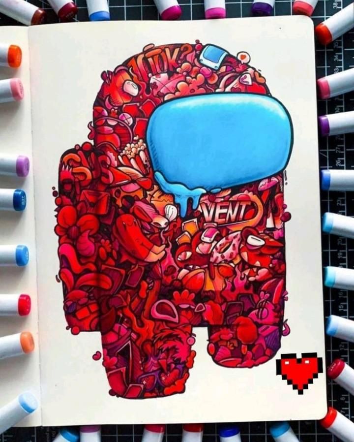 Colorful, intricate illustration of a crewmate from Among Us surrounded by markers and a pixelated heart.