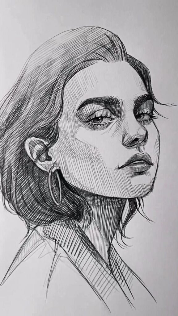 Pencil sketch of a woman with short hair and hoop earrings, illustrating strong expression and detailed shading.