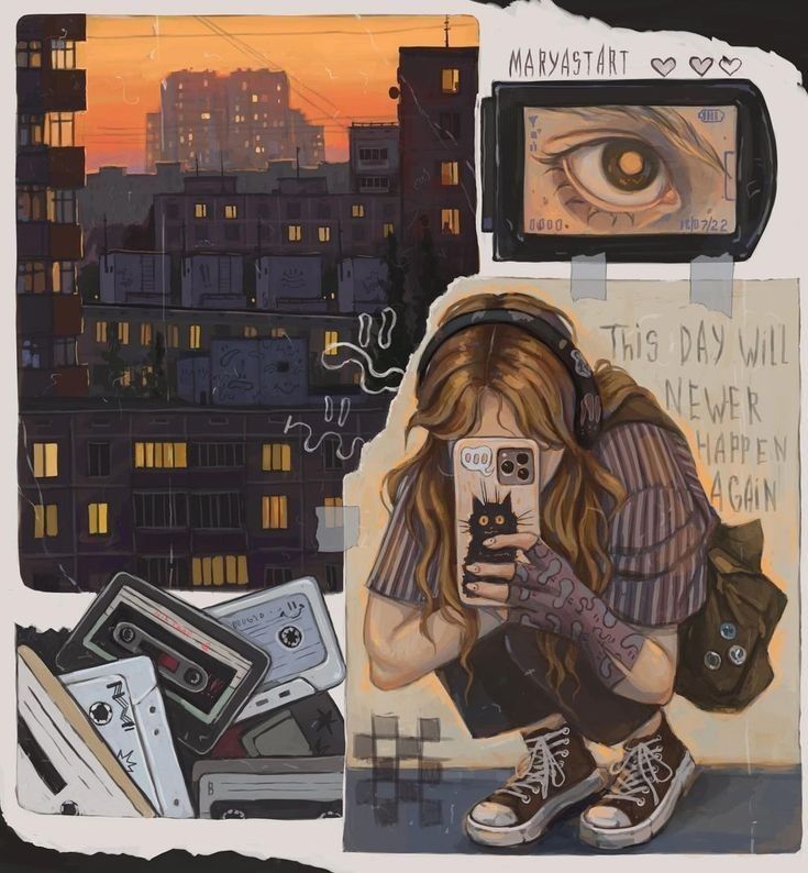 Illustration of a person taking a photo, surrounded by cassette tapes, with cityscape and eye drawing in the background.