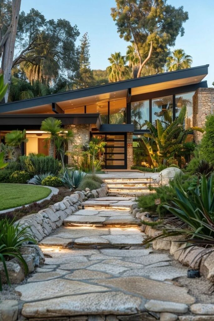 Modern house with stone pathway, lush garden, and large windows; surrounded by trees under a clear sky.